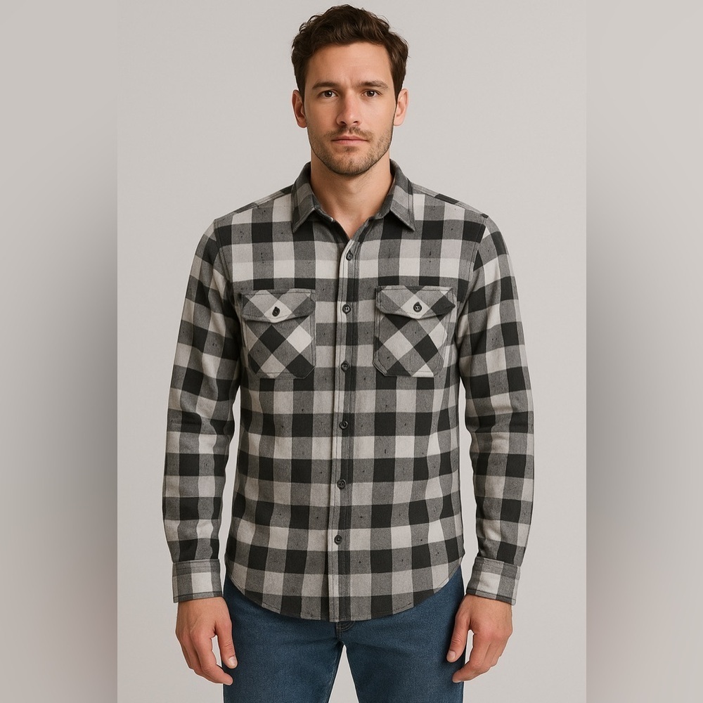 Frye Men’s Plaid Flannel Shirt Black Gray White 100% Cotton Size Large